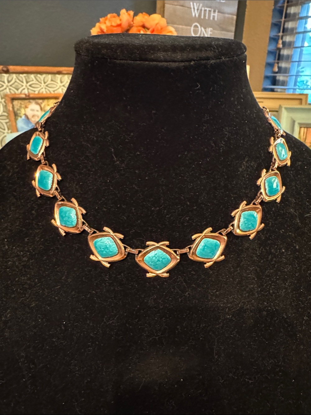 Vintage Matisse Turquoise-Enamel Blue Stone Link Necklace